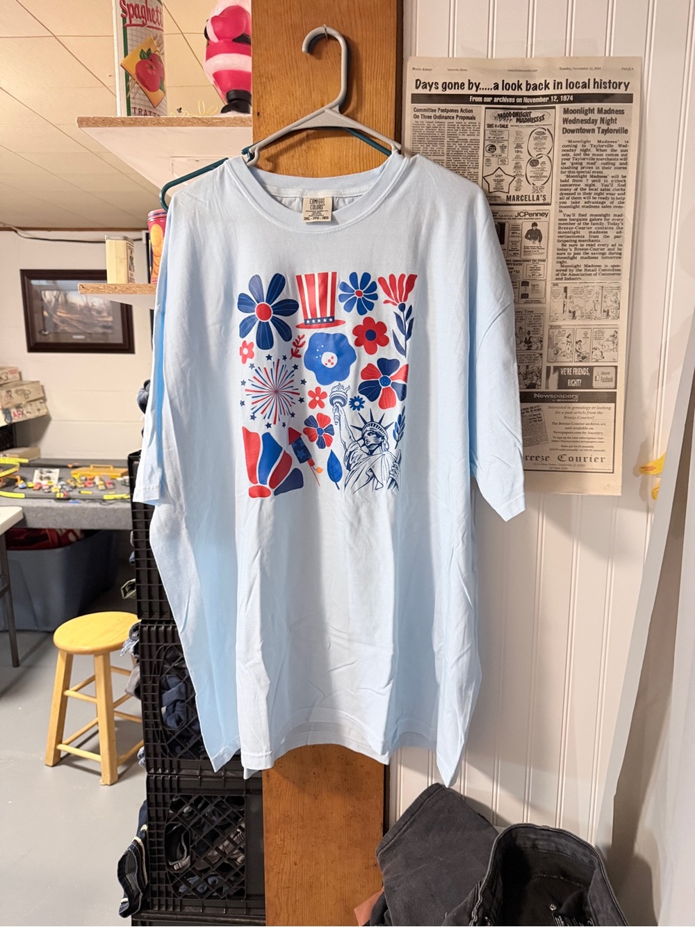 Light Blue Patriotic Graphic Tee with Red & Blue Floral Design